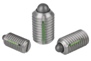 Spring plungers with slot and thrust pin, stainless steel, with thread lock