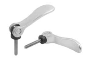 Cam levers, stainless steel, adjustable with external thread, plastic thrust washer and stainless steel stud