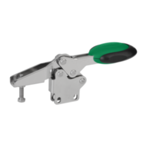 Toggle clamps horizontal with safety interlock with straight foot and adjustable clamping spindle, stainless steel