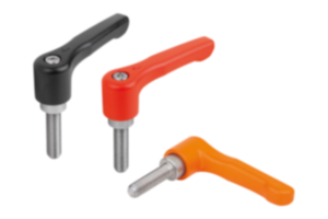 Clamping levers, die-cast zinc, flat with external thread, threaded pin stainless steel