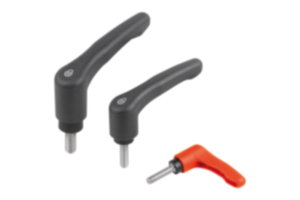 Clamping levers, plastic with external thread and safety function, thread insert stainless steel