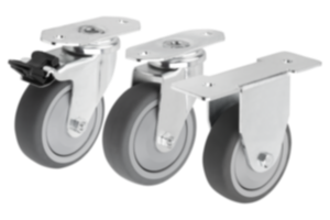 Swivel and fixed equipment castors, steel with TPU tread, for aluminium profiles Swivel and fixed equipment castors, steel with TPU tread, for aluminium profiles